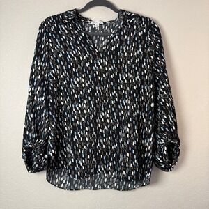 Nordstrom Women's Blouse‎ Top Small S Black Gray Blue Geometric Career